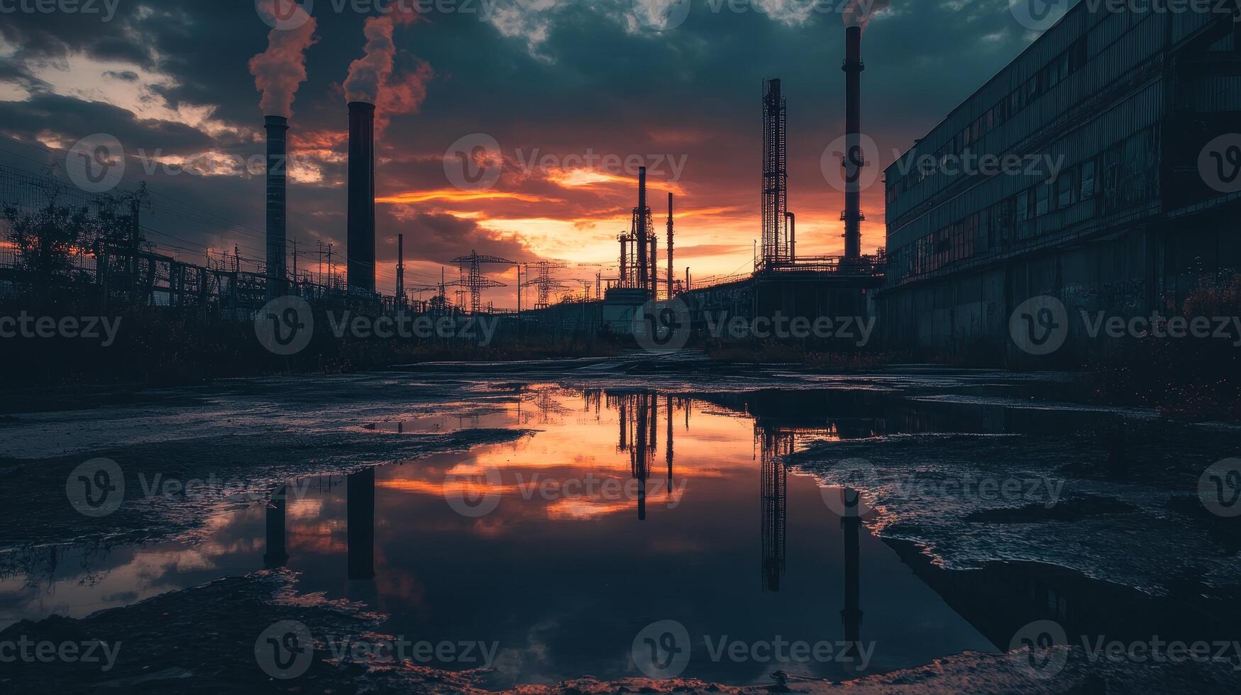 Captivating industrial scene at dusk featuring silhouetted factory chimneys. Reflections shimmer in water, creating a stark contrast against the vibrant sky. photo