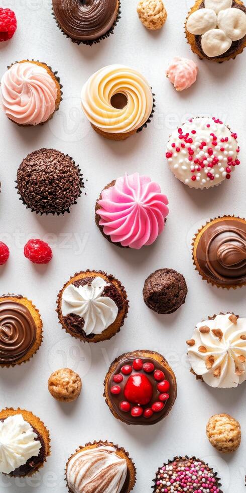 A close up of many different types of cupcakes with frosting and sprinkles. The cupcakes are arranged in a pattern on a white background photo
