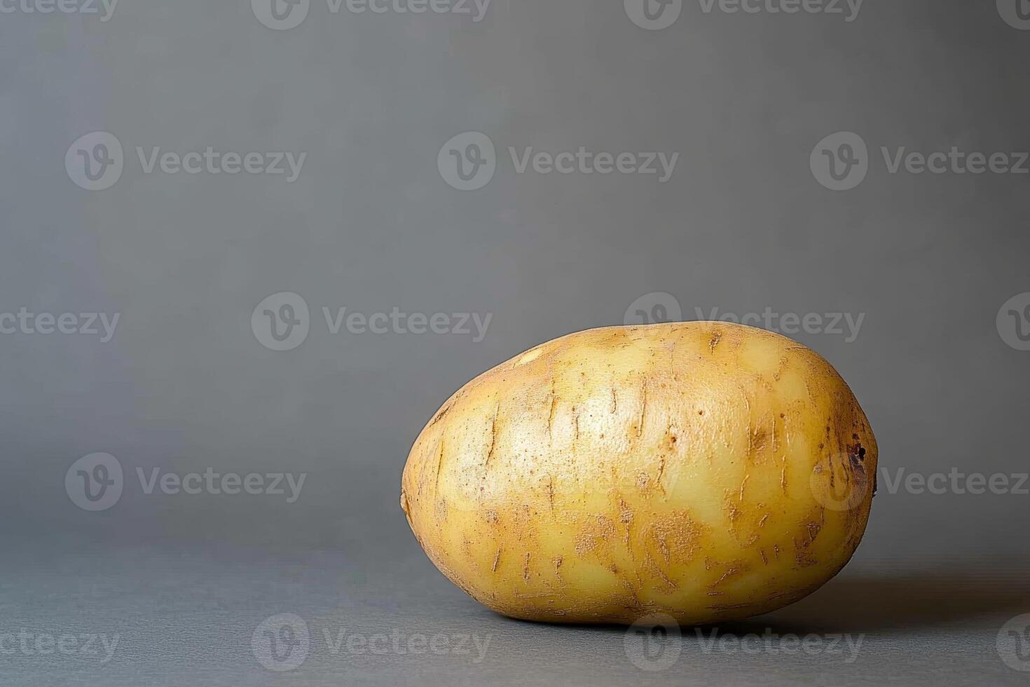 A large potato is sitting on a grey surface. The potato is unpeeled and has a slightly rough texture photo