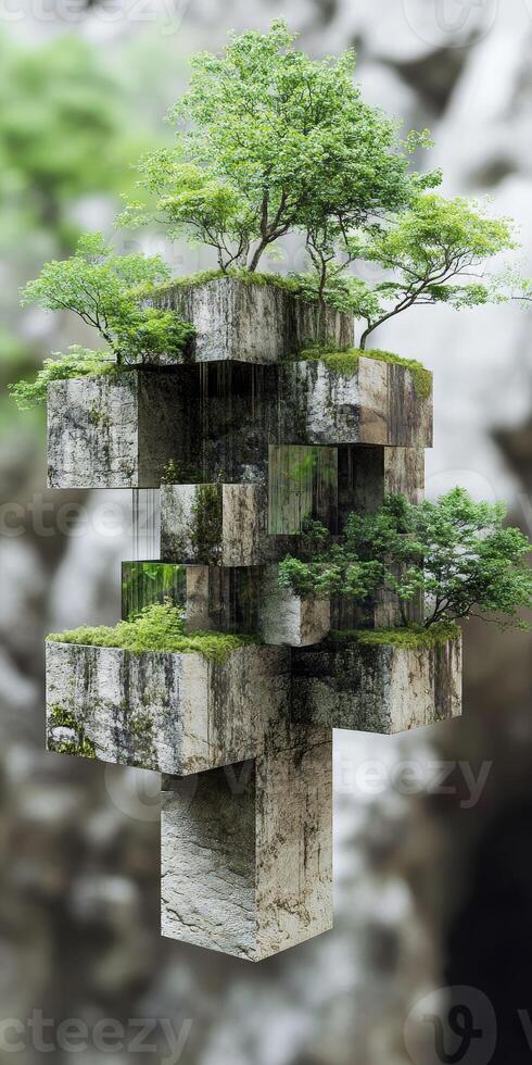 A captivating image of surreal floating cubes adorned with vibrant trees, creating a harmonious blend of nature and abstract art, set against a lush backdrop. photo