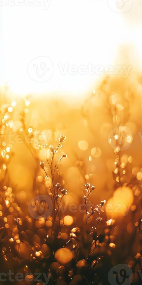 A field of yellow grass with sun shining on it. The sun is casting a warm glow on the grass, making it look like it's on fire. The grass is dry and brown photo