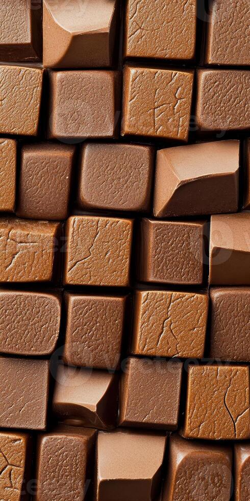This image showcases a close-up view of textured chocolate cubes, ideal for food photography, emphasizing richness and indulgence in desserts. Perfect for culinary projects. photo