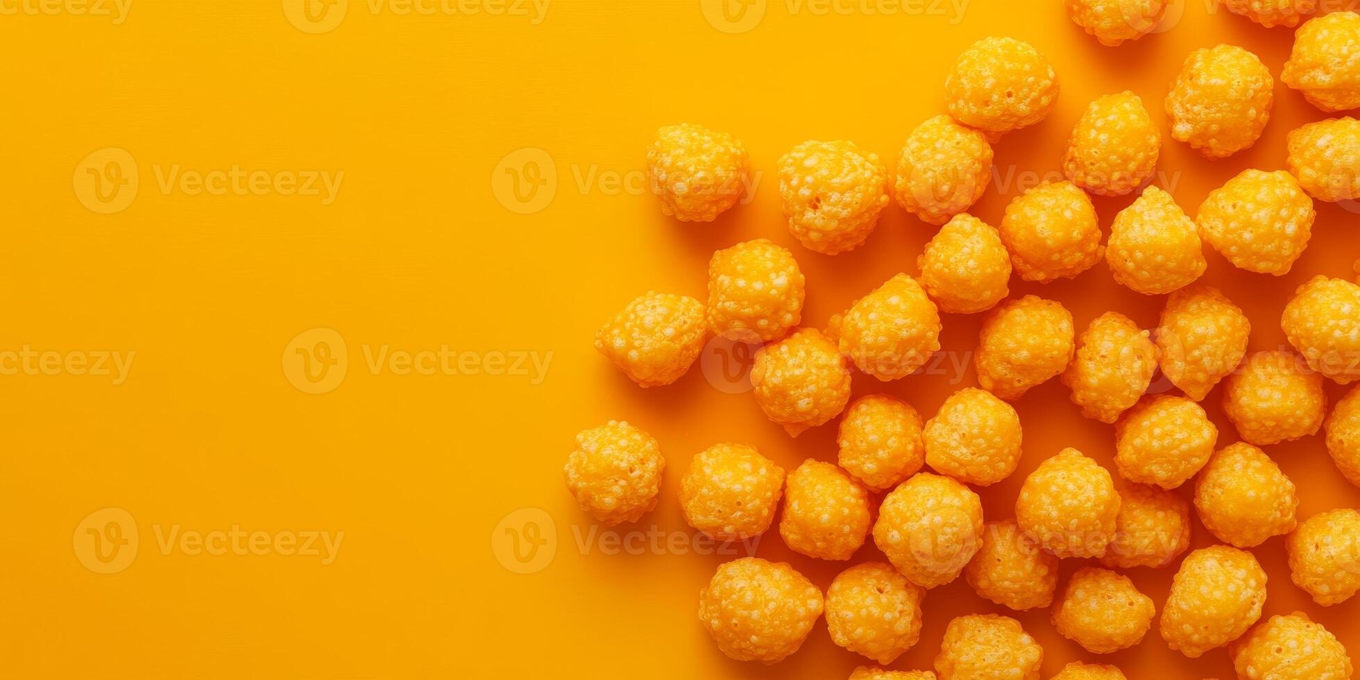 A vibrant collection of bright yellow snack balls arranged on a matching yellow background, creating a fun and energetic visual perfect for food-related themes. photo
