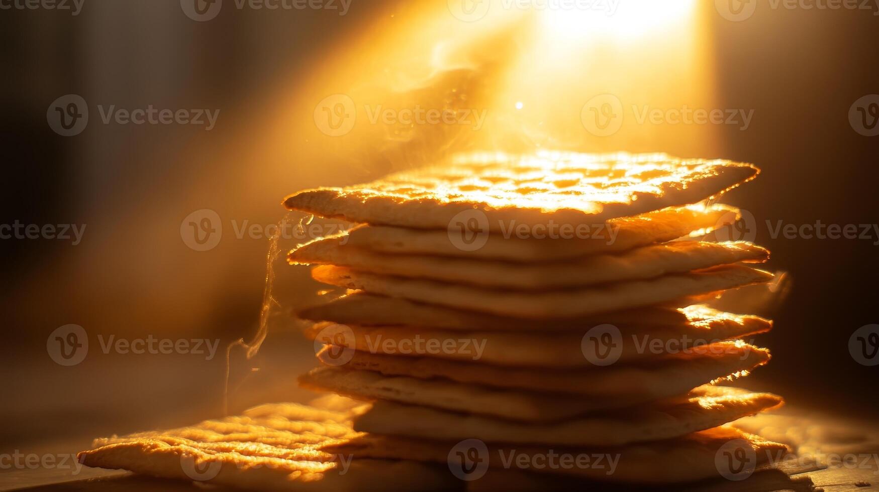 A pile of crackers is sitting on a table with sunlight shining on them. The light is coming from behind the stack of crackers, creating a warm and inviting atmosphere photo