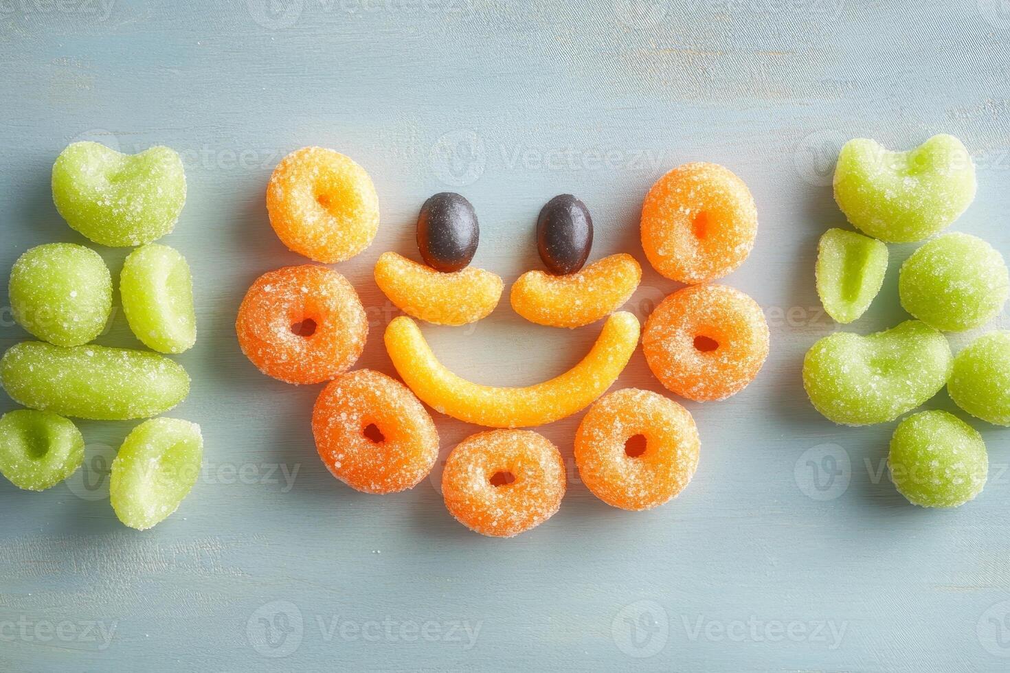 This delightful arrangement features colorful candies shaped into a playful smiley face. A perfect representation of joy and fun, ideal for food art and party themes. photo