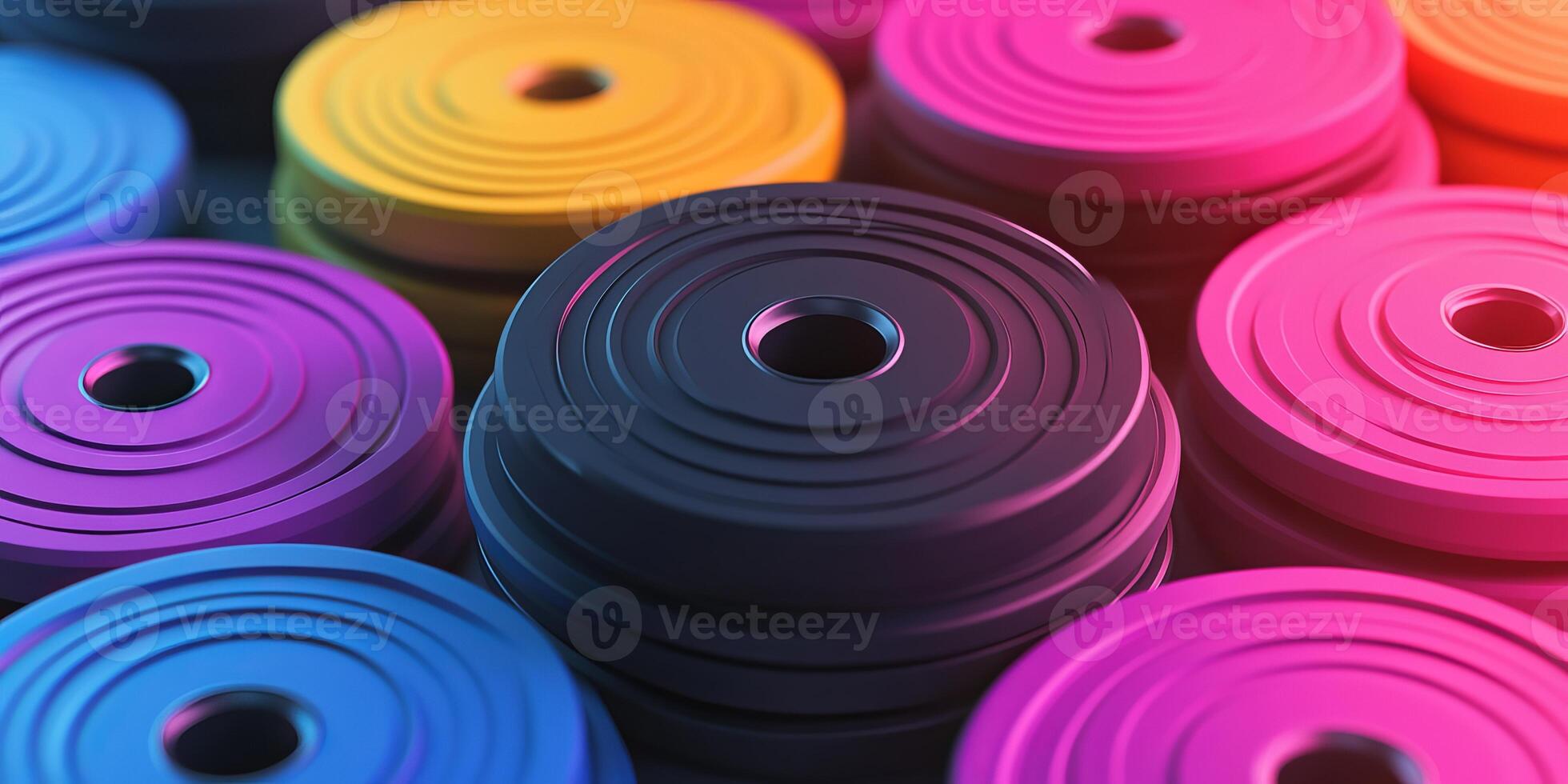 A vibrant arrangement of colorful weights designed for fitness enthusiasts. Perfect for highlighting gym equipment and exercise routines in a dynamic setting. photo