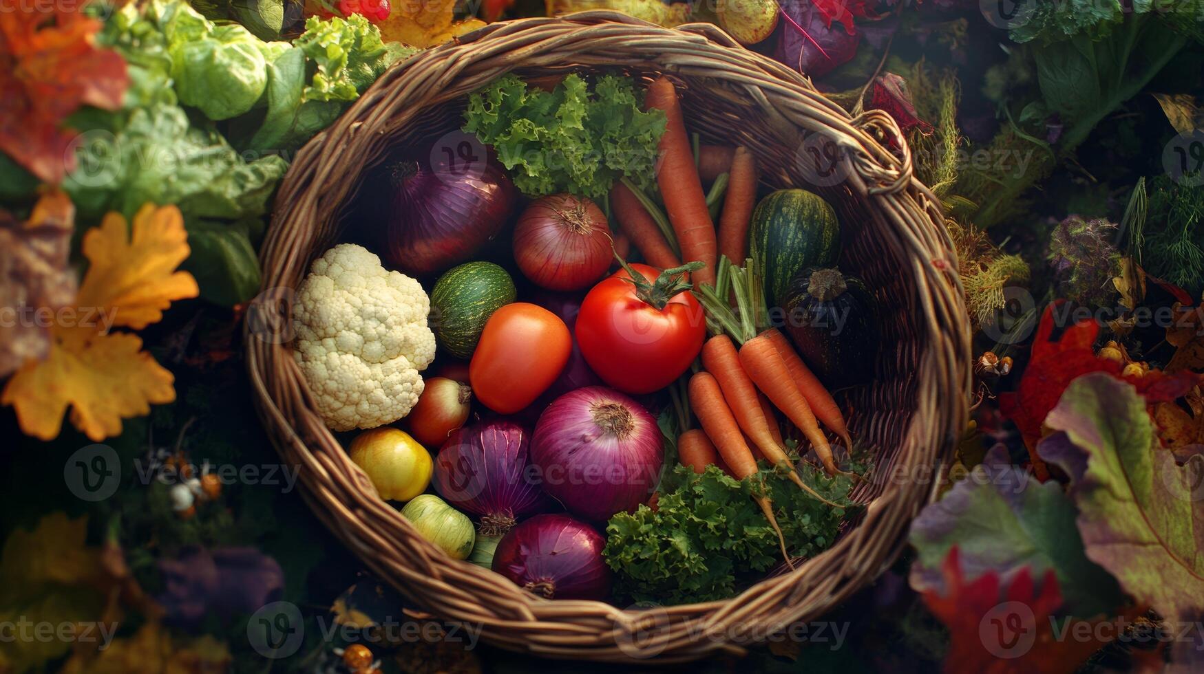 A basket full of vegetables including tomatoes, carrots, and onions. The basket is overflowing with a variety of colorful vegetables, creating a vibrant and healthy atmosphere photo