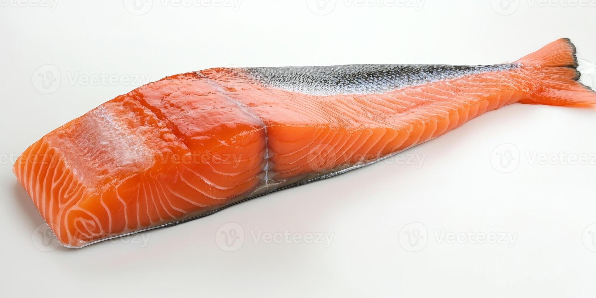 A piece of salmon is shown on a white background. The salmon is cut in half and has a black and white pattern photo