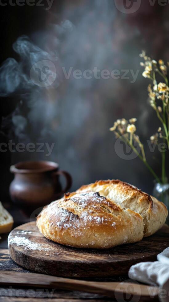 A loaf of bread with a sprinkle of sugar on top sits on a wooden cutting board photo