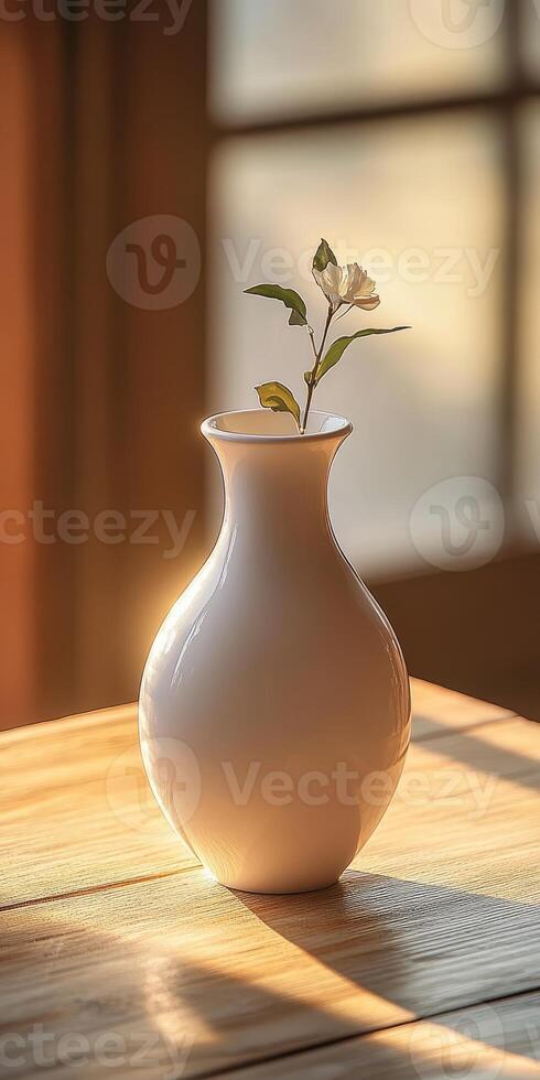 A white ceramic vase with a single flower, bathed in warm sunlight on a wooden table, creating a serene and cozy atmosphere. photo
