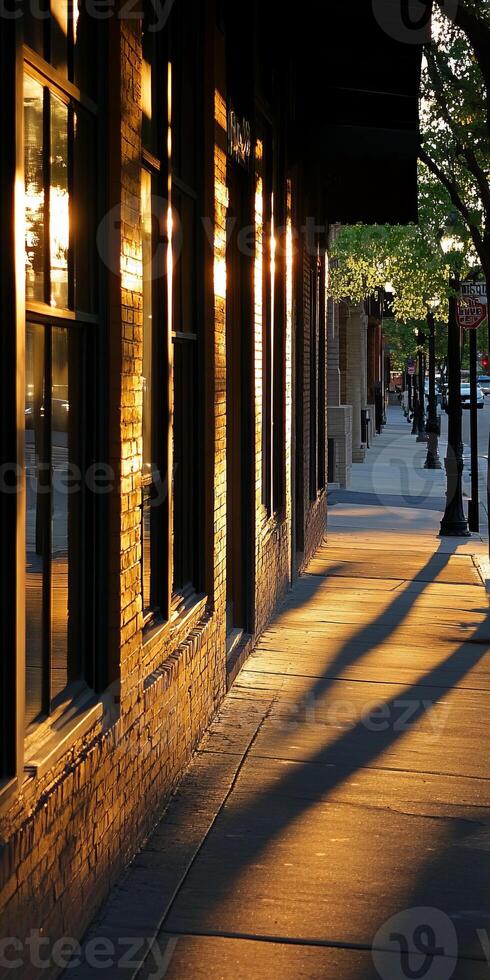 A serene urban street at sunset, showcasing long shadows and warm light on brick buildings, creating a peaceful atmosphere. photo
