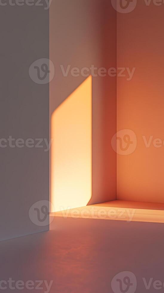 A serene minimalist interior featuring warm sunlight creating geometric shadows on a modern wall, highlighting contemporary design. photo