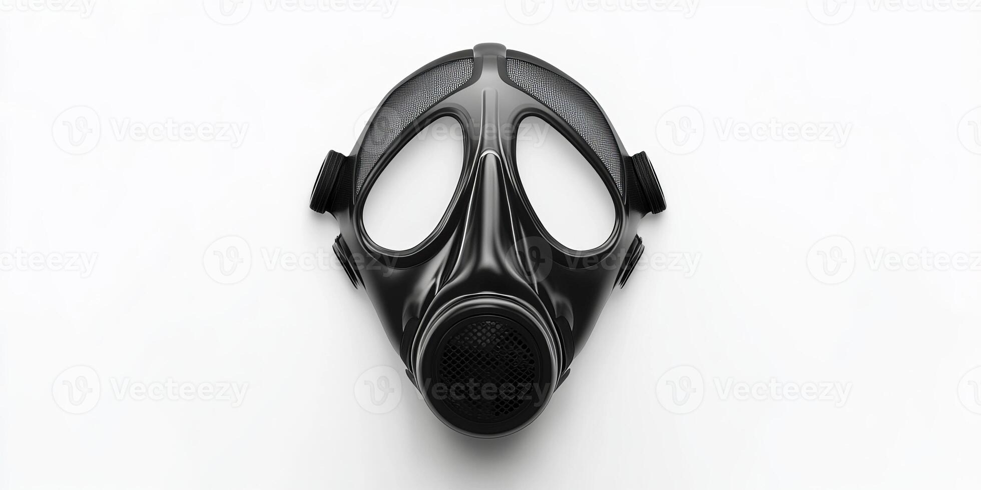 Detailed image of a black gas mask isolated on a white background, ideal for safety, industrial, and emergency themes. photo