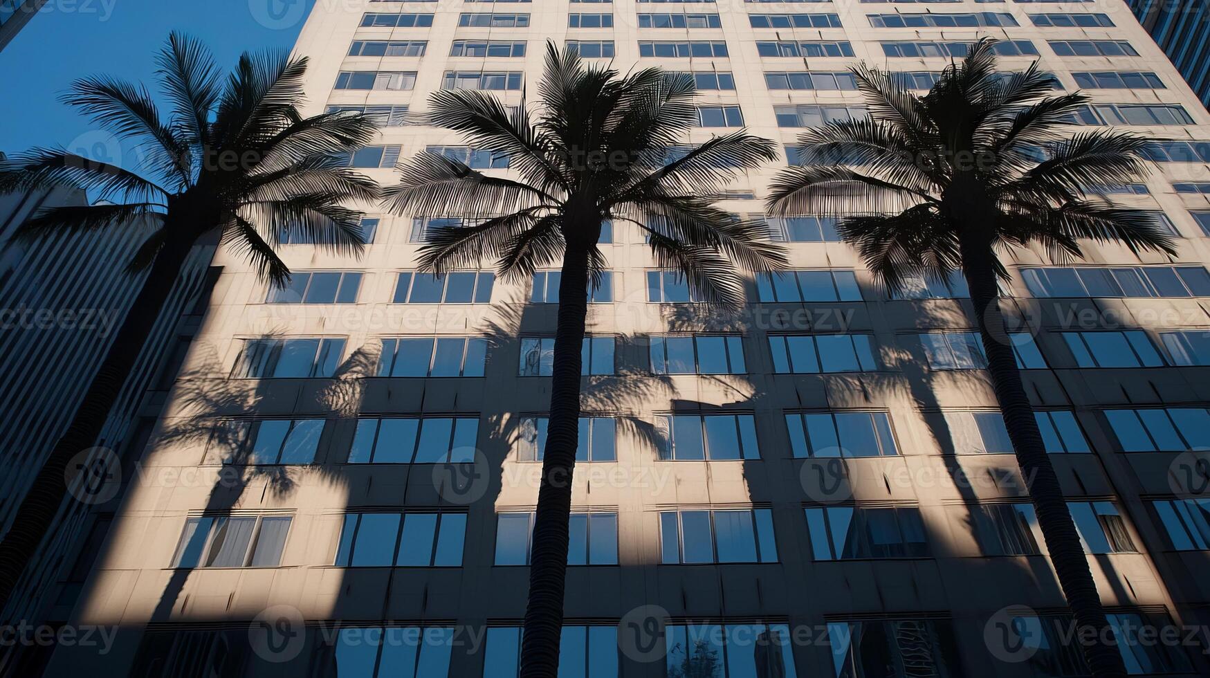 Tall palm trees cast shadows on a modern skyscraper, creating a striking urban scene under a clear blue sky. photo