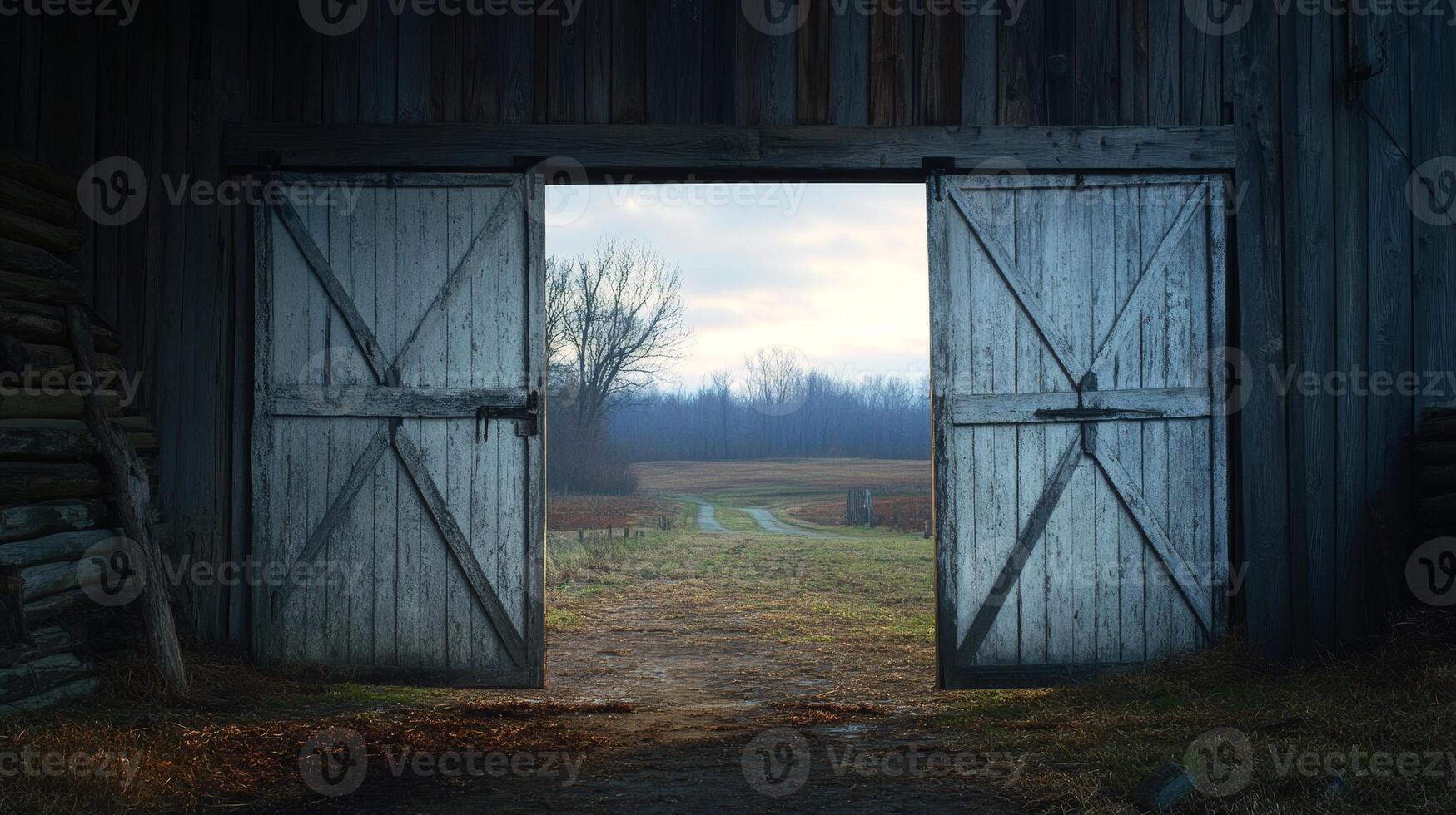 Open barn doors reveal a tranquil countryside scene at dusk, framed by soft light. This picturesque view captures the essence of rural serenity and natural beauty. photo
