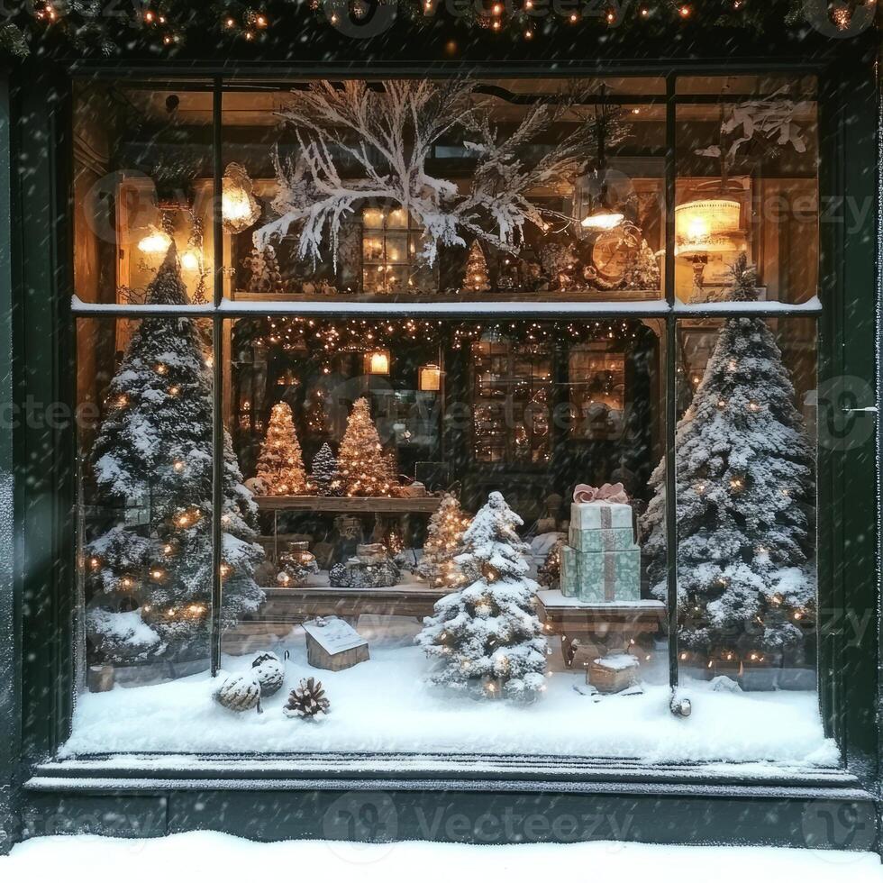 Window display of Christmas trees and presents. The window is covered in snow and the trees are lit up photo