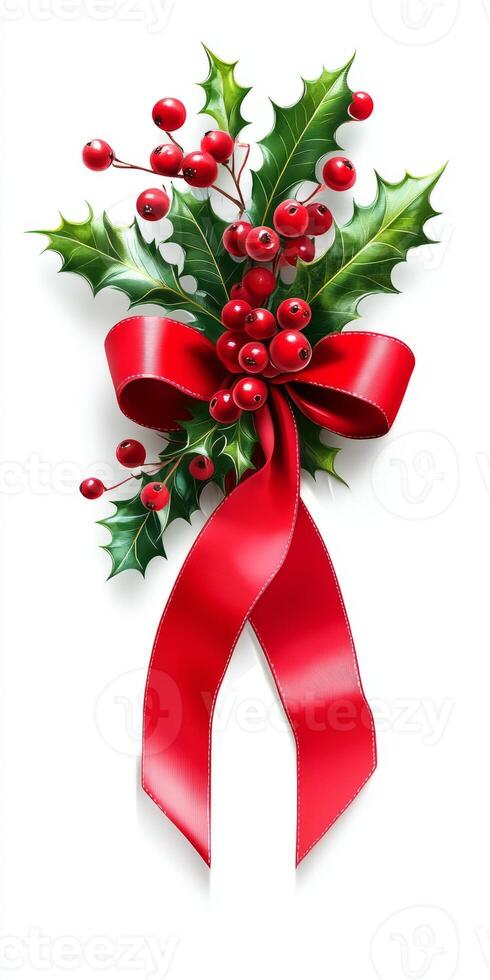 Red ribbon is tied around a bunch of red berries. The ribbon is tied in a bow. The image has a festive and joyful mood photo