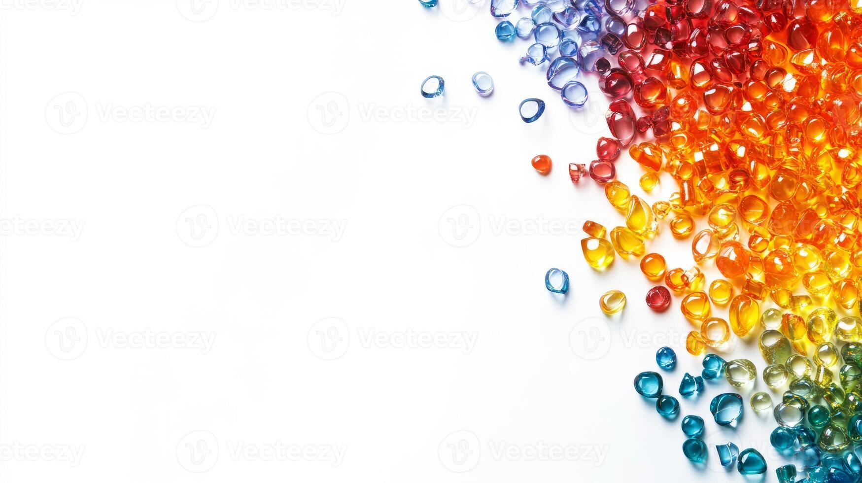 A bunch of colorful gems are scattered on a white background. The gems are of different colors and sizes photo