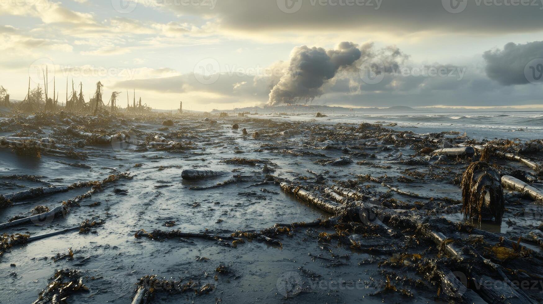 A captivating beach scene showcases scattered logs on a wet shoreline under a dramatic sky, with smoke rising in the distance, highlighting nature's beauty and fragility. photo