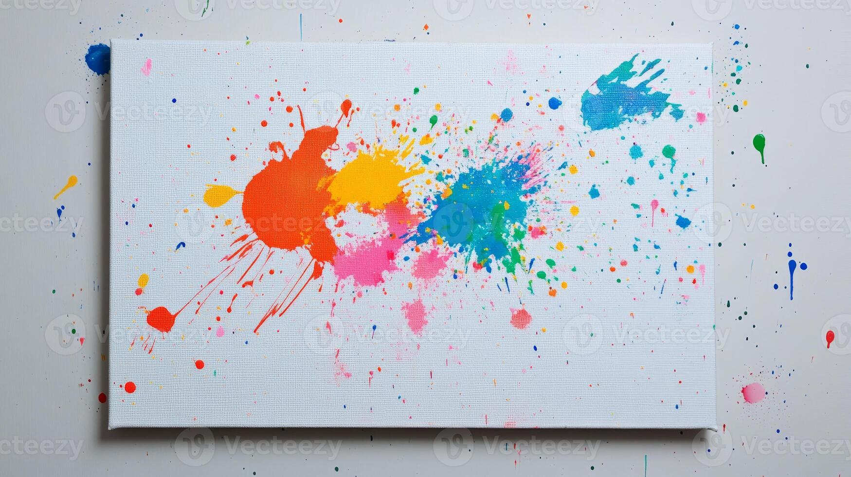 A colorful painting with splatters of paint on it. The painting is white and has a vibrant splash of paint in the middle photo