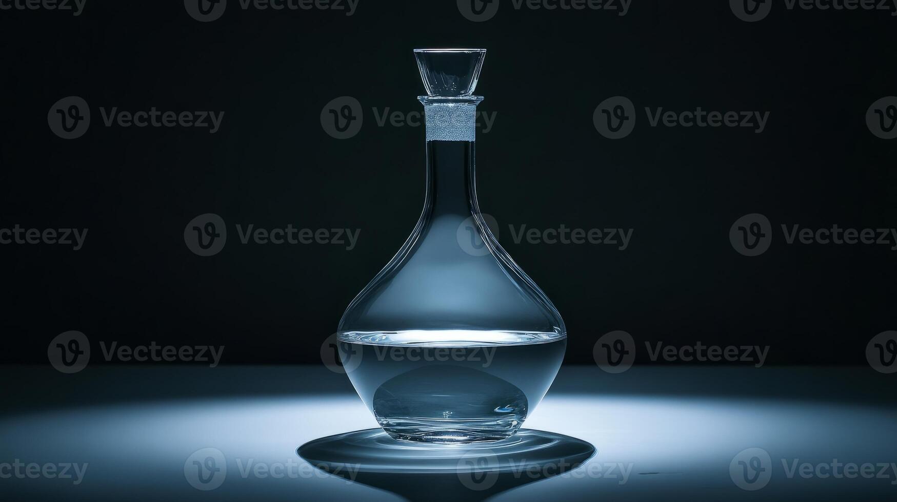A glass bottle of water is sitting on a table. The bottle is clear and has a cork stopper photo