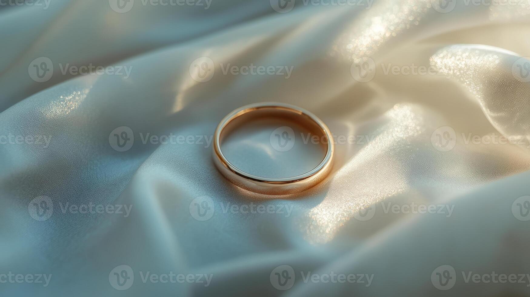 A gold ring is on a white cloth. The cloth is on a table photo
