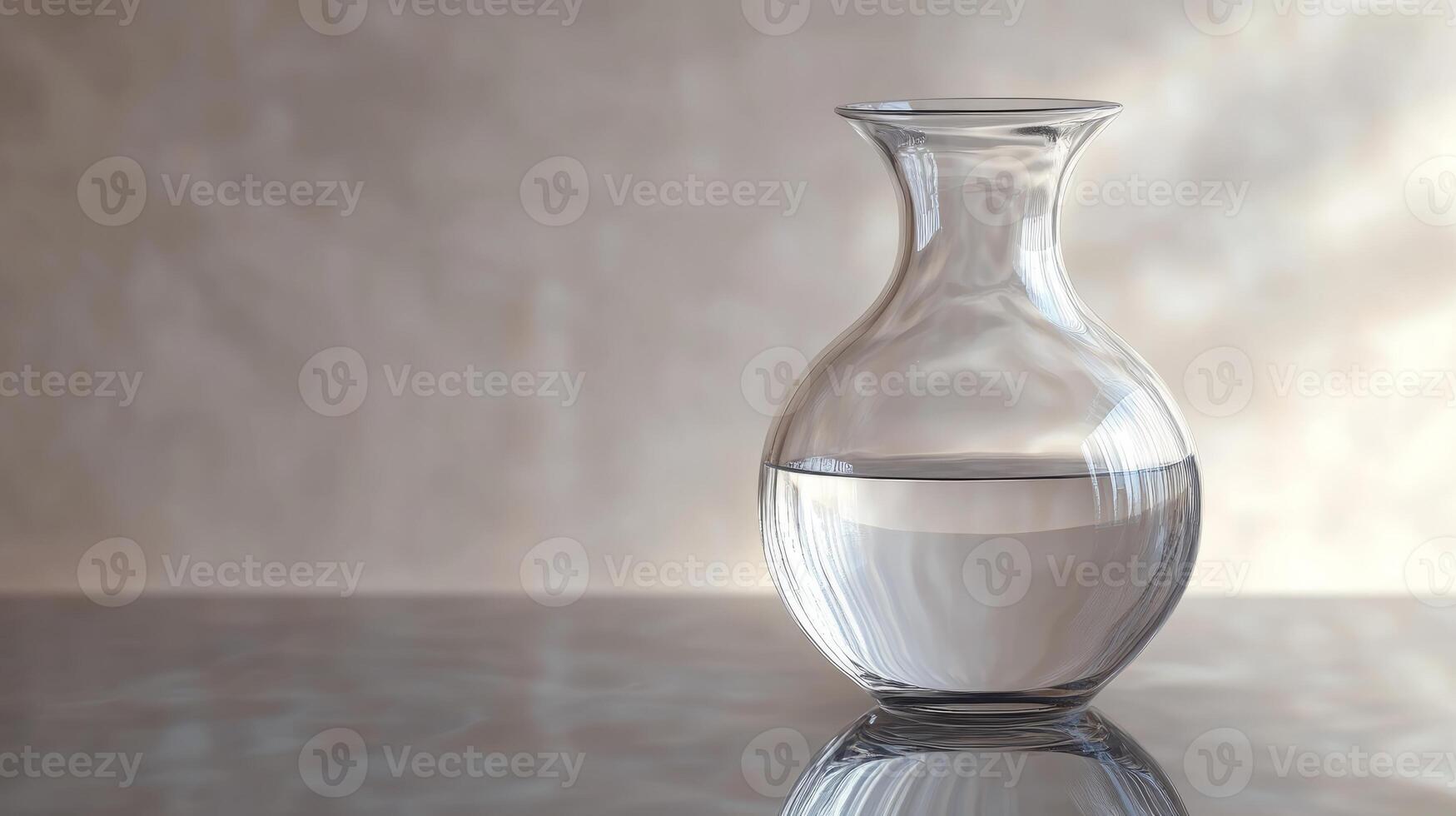Minimalist glass vase filled with water on a reflective surface, showcasing simplicity and elegance in soft lighting. photo