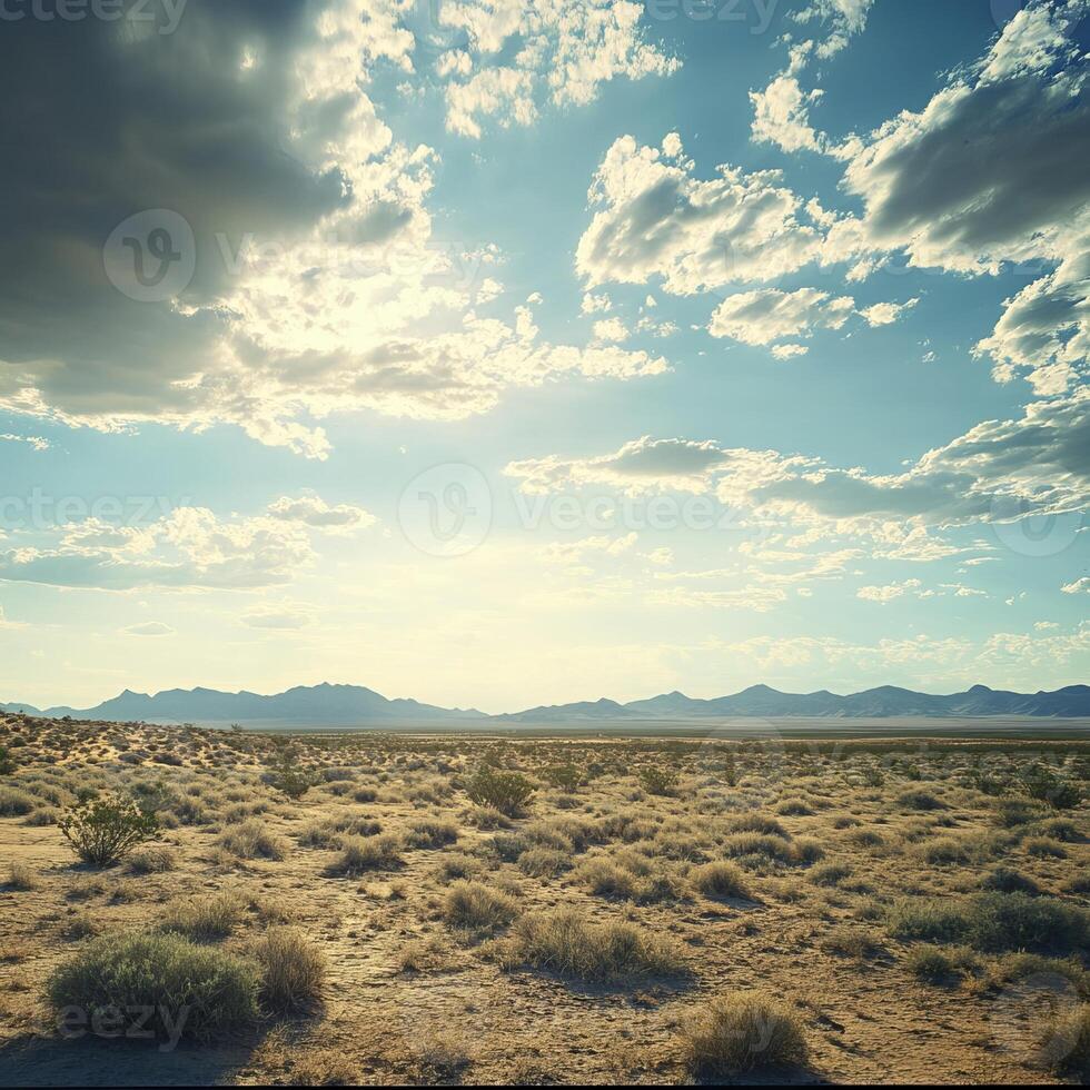 A serene desert scene featuring a wide-open landscape, scattered shrubs, and a dramatic sky with fluffy clouds. photo