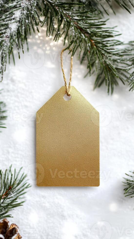 Gold tag with a white background and a pine tree in the background. The tag is hanging from a tree branch photo