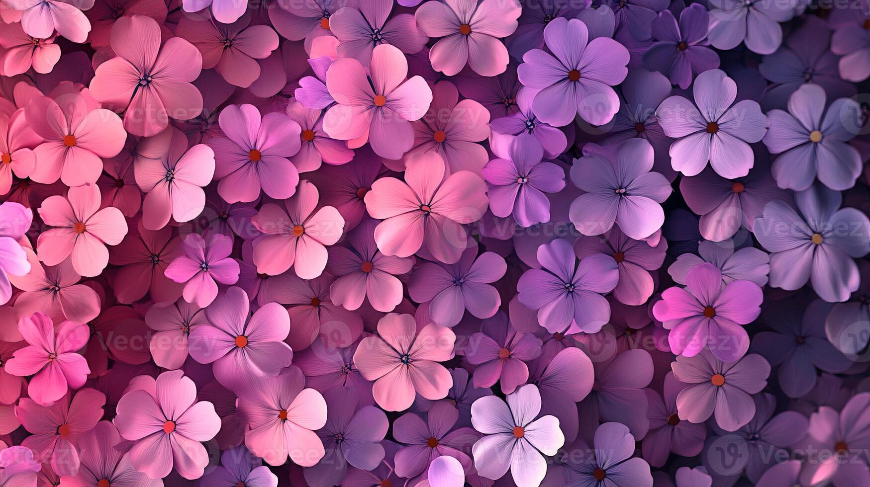 A captivating display of pink and purple flowers forming a vibrant and colorful floral pattern, perfect for nature-themed designs. photo