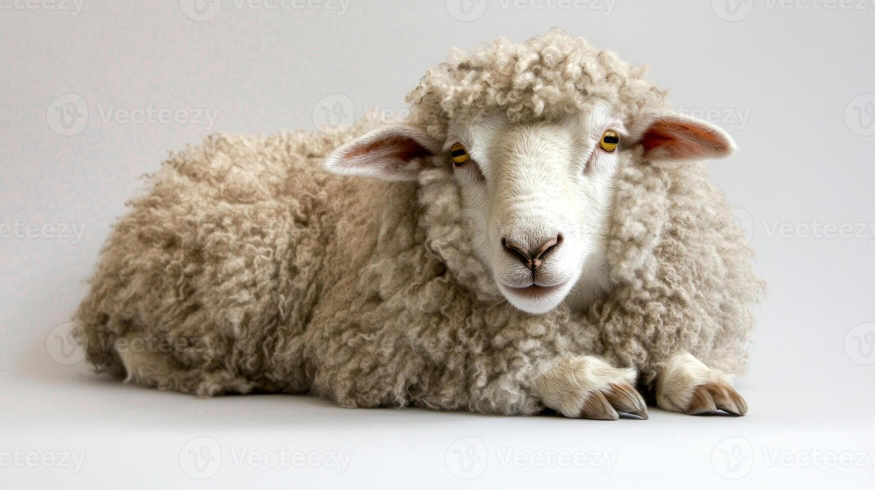 A sheep with a fluffy coat is laying down on a white background. The sheep's face is visible, and it is looking at the camera. Concept of calm and relaxation photo