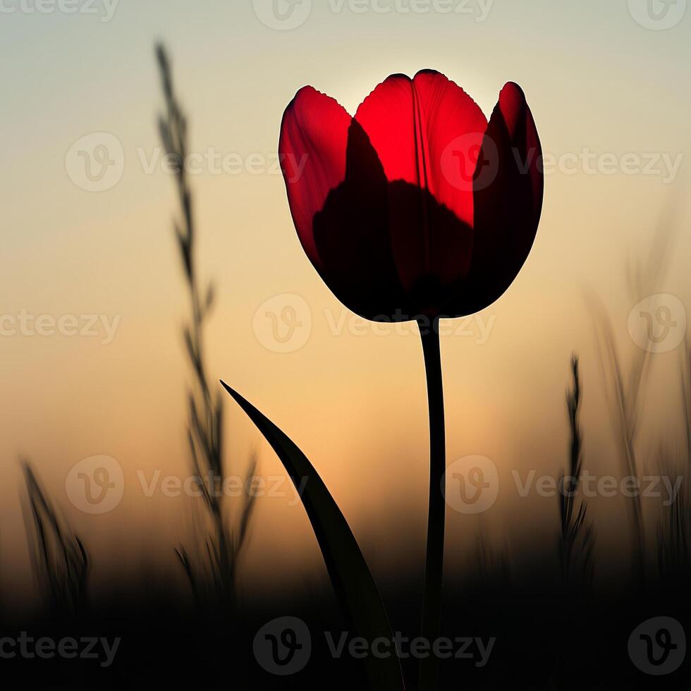 Stunning Silhouette of a Red Tulip Against a Golden Sunset Sky in a Serene Natural Setting photo