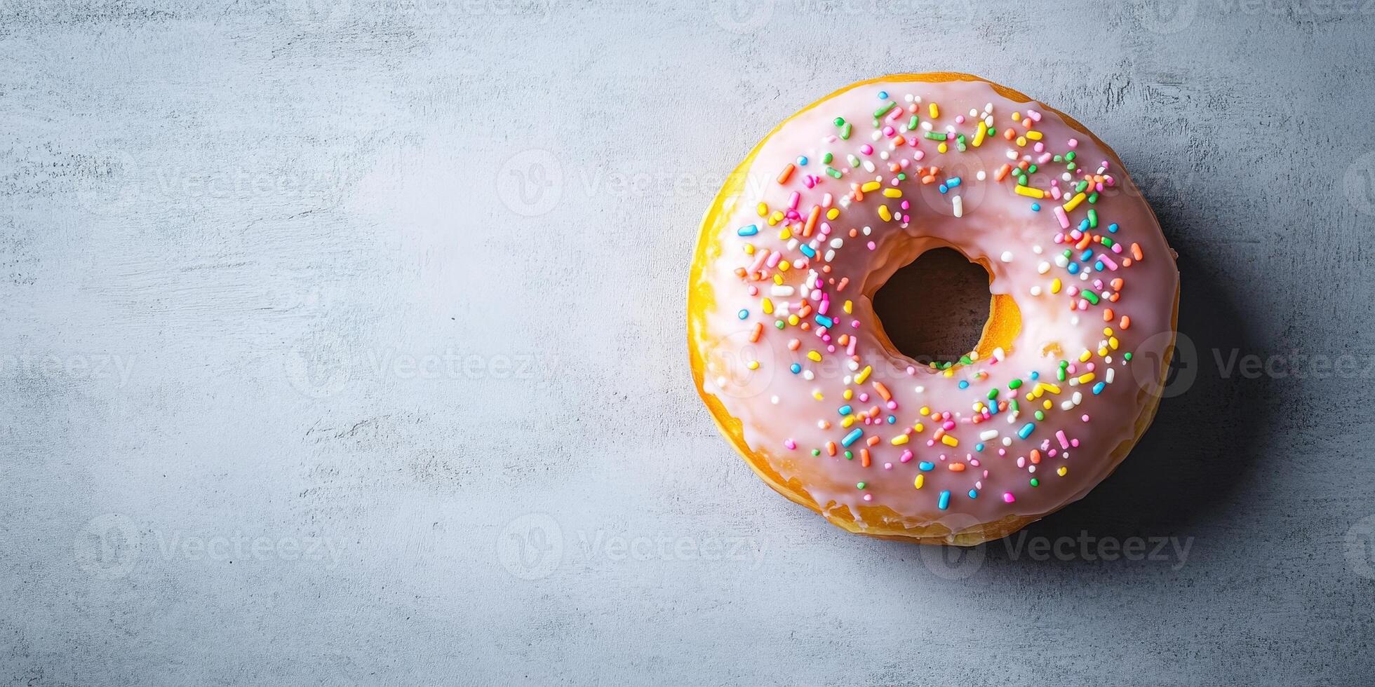 A delightful pink frosted donut adorned with colorful sprinkles sits atop a textured grey background, perfect for showcasing sweetness and indulgence in culinary art. photo