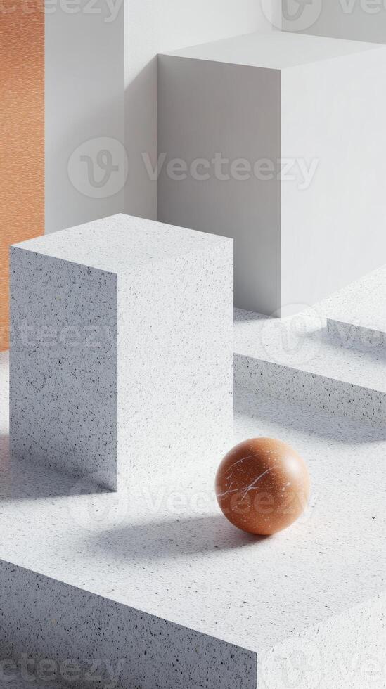 Abstract minimalist scene featuring a marble sphere on textured concrete blocks, showcasing geometric shapes and natural lighting. photo