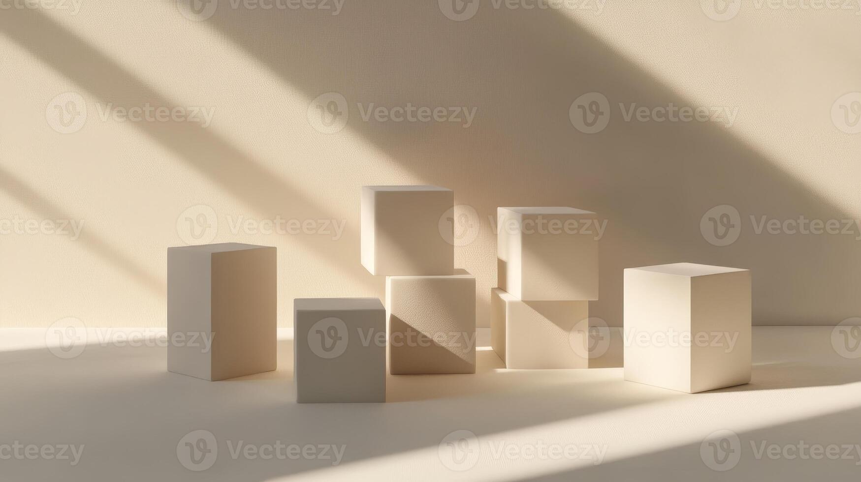 A serene composition featuring white cubes arranged artfully on a neutral backdrop, highlighting the interplay of light and shadow in a minimalist setting. photo