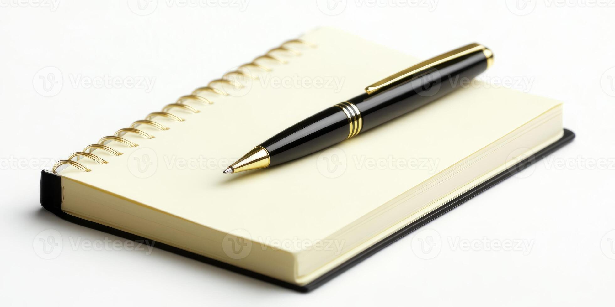A sleek black pen placed on an open blank notebook with cream-colored pages, set against a white background, perfect for writing or journaling themes. photo