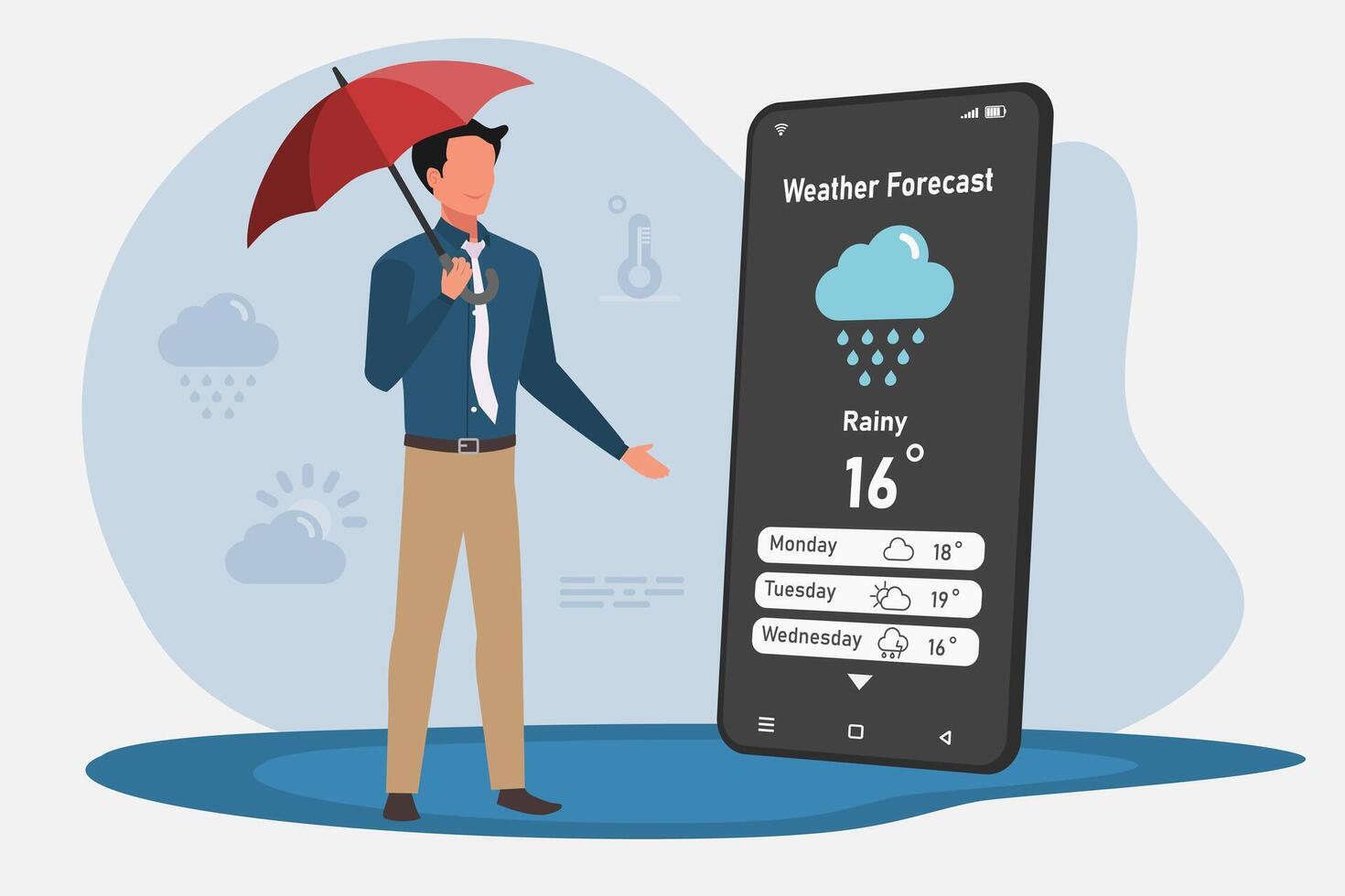 Man holding an umbrella while checking the weather forecast on his smartphone vector