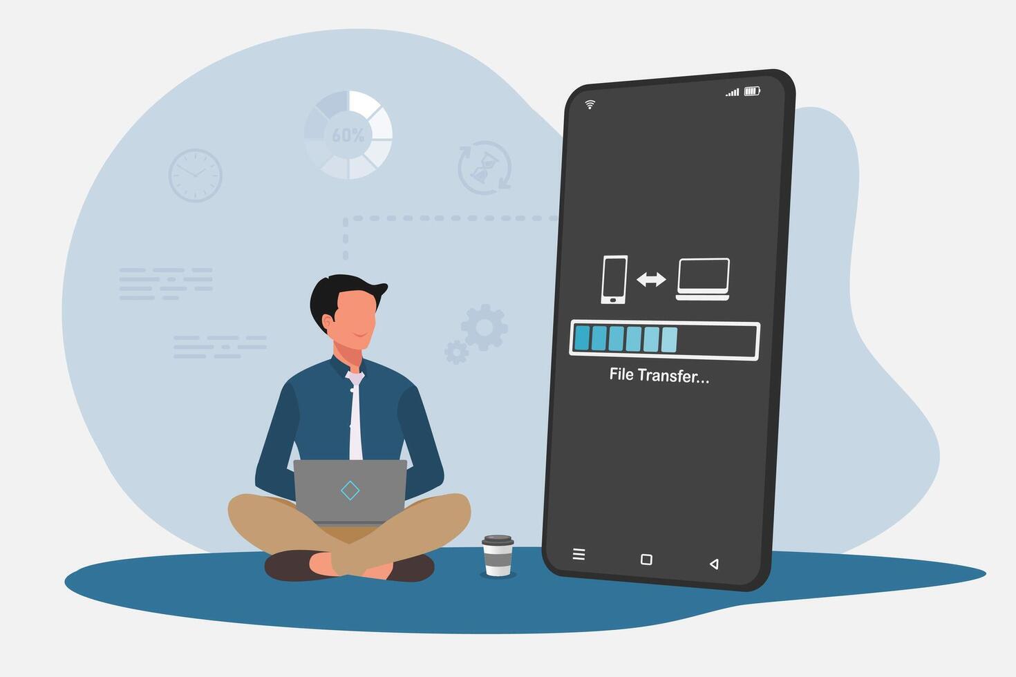 Businessman transfer files from mobile phone to laptop. Backup, copy file and media or exchange data concept. vector