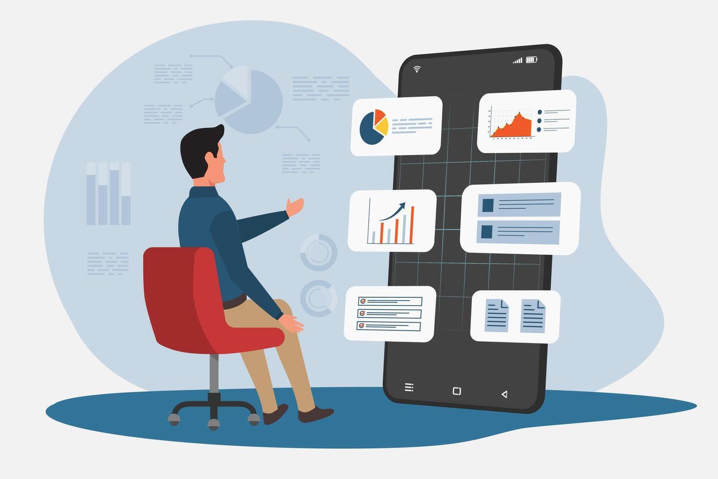 A businessman showing a virtual screen of financial and business data analysis graphs on a smartphone vector