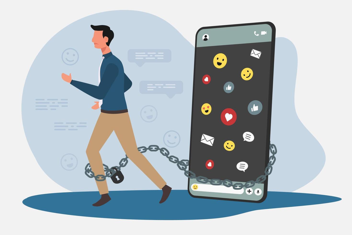Someone who is addicted to playing social media on a smartphone concept. Man tied to his smartphone with chain. vector