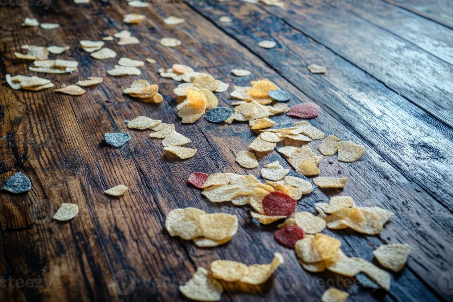 A vibrant mix of colorful chips and crisps scattered across a rustic wooden surface, creating a visually appealing snack arrangement perfect for food photography. photo