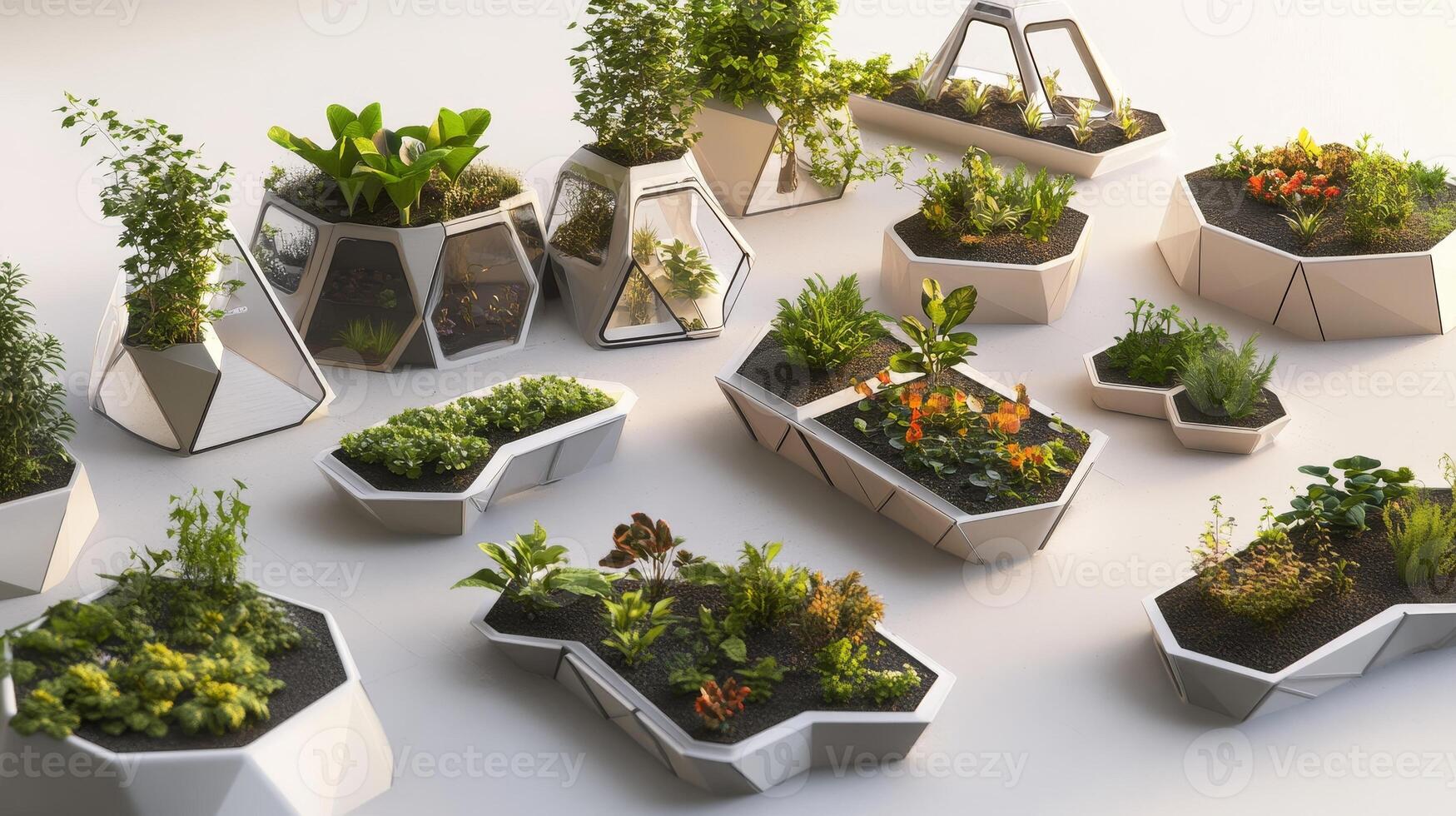 A stunning arrangement of modern geometric planters showcasing diverse green plants. This vibrant display emphasizes creativity and sustainability in indoor gardening. photo