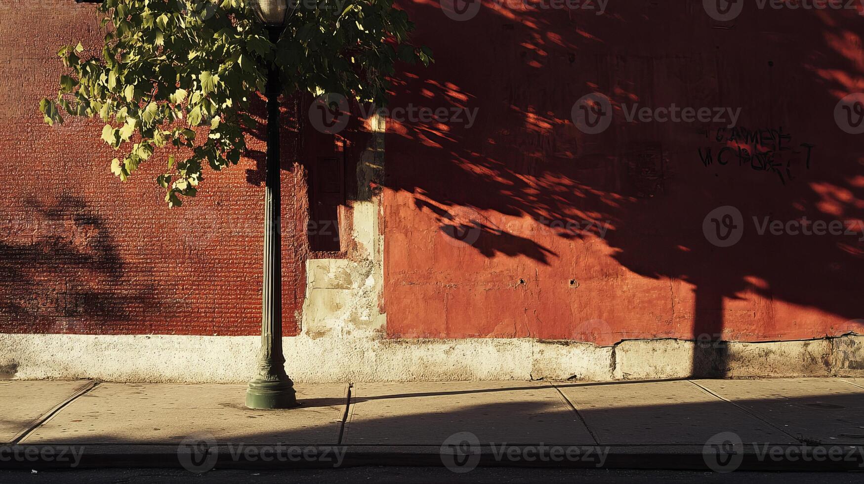 A serene urban street scene featuring a red brick wall, a classic lamp post, and tree shadows in warm afternoon sunlight. photo