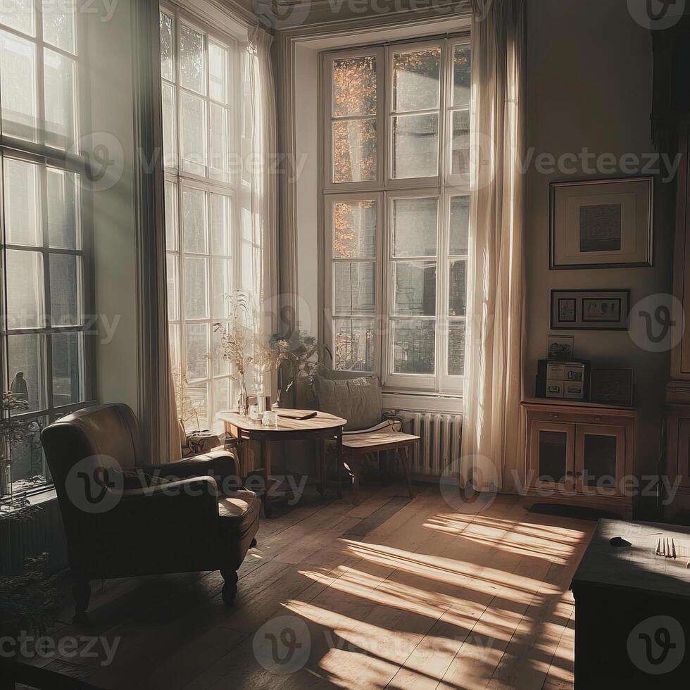 A warm, inviting living room with sunlight streaming through large windows, highlighting elegant furniture and decor. photo