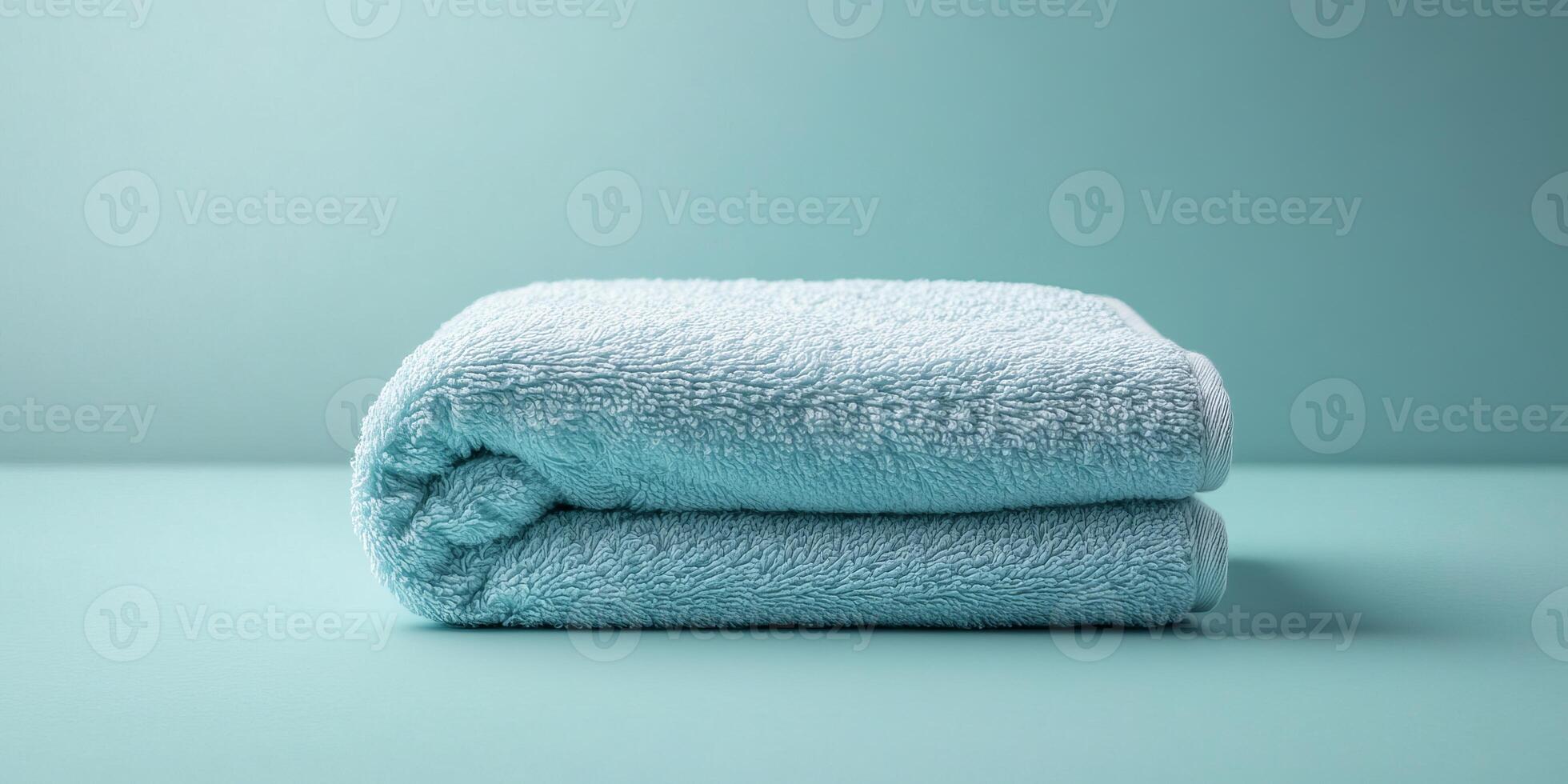 A neatly folded blue towel on a pastel background, perfect for themes of relaxation, spa, and home decor. photo