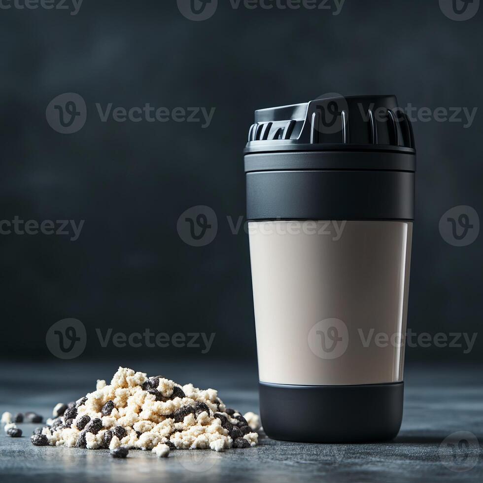 A stylish coffee cup placed beside a pile of cookie crumble, set against a dark surface. This image captures the perfect combination of indulgence and refreshment. photo