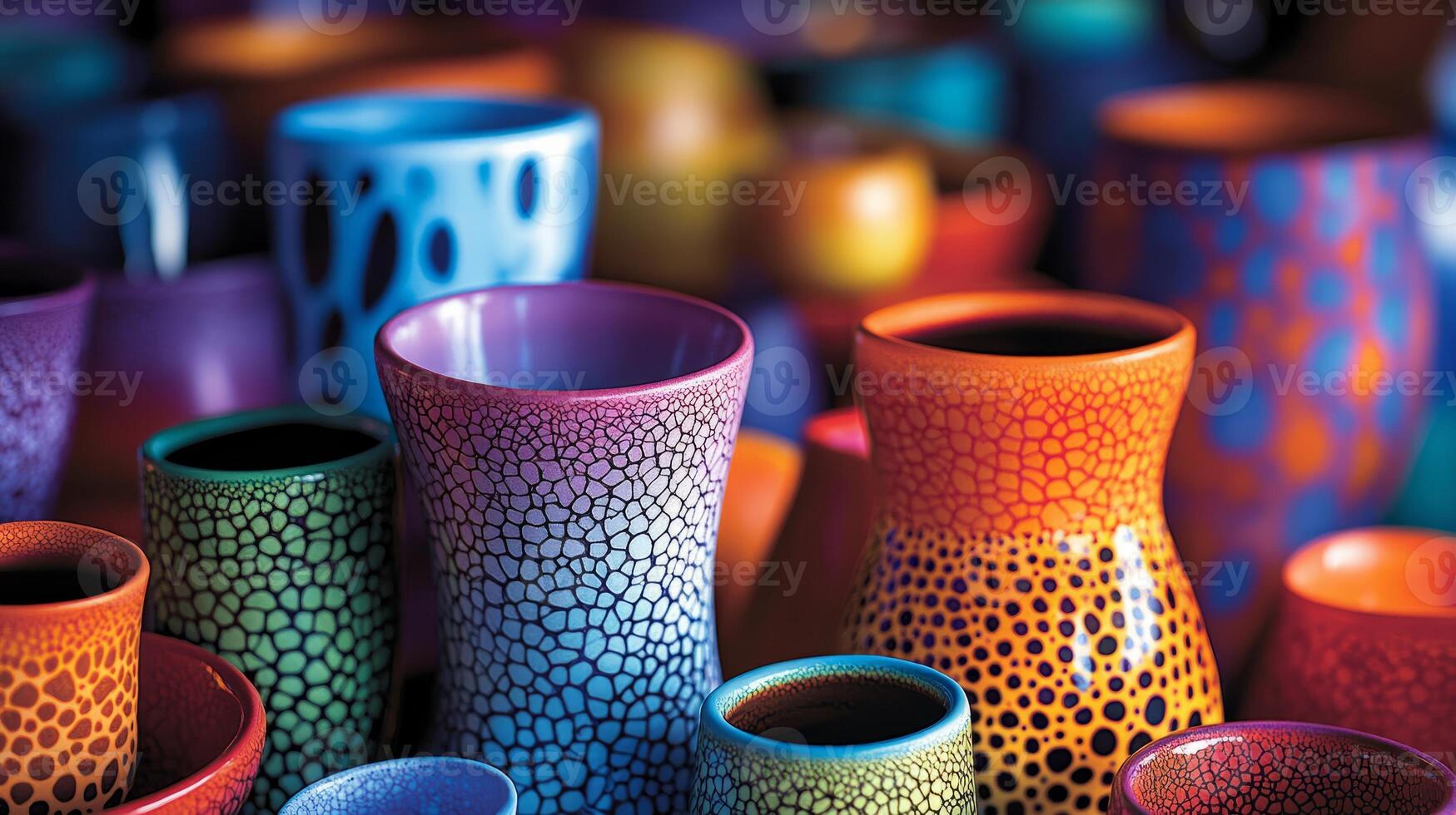 A collection of colorful vases with different patterns and designs. Some are tall and thin, while others are short and wide photo