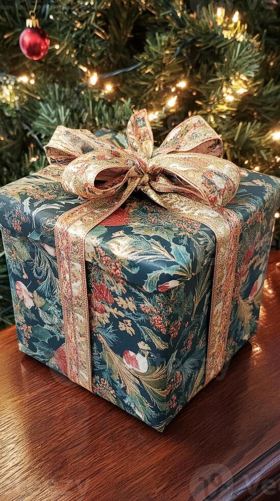 Green box with a gold bow on top of it. The box is decorated with a Christmas tree design photo