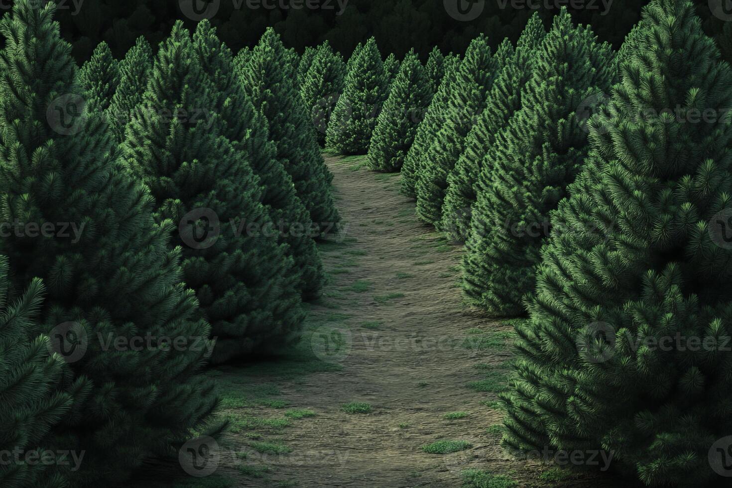 A scenic view of a pathway through a dense evergreen forest, lined with lush pine trees, creating a peaceful natural atmosphere. photo