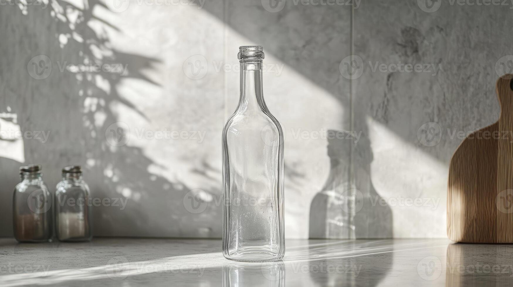 A clear glass bottle casting shadows on a marble countertop, showcasing minimalist kitchen decor in natural sunlight. photo